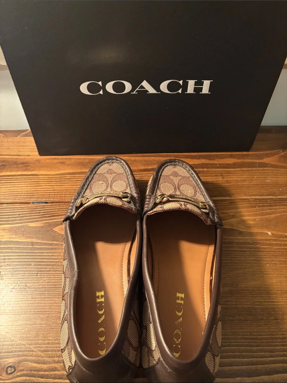 Coach Tan and Brown Signature Canvas Loafers with Gold Plaque